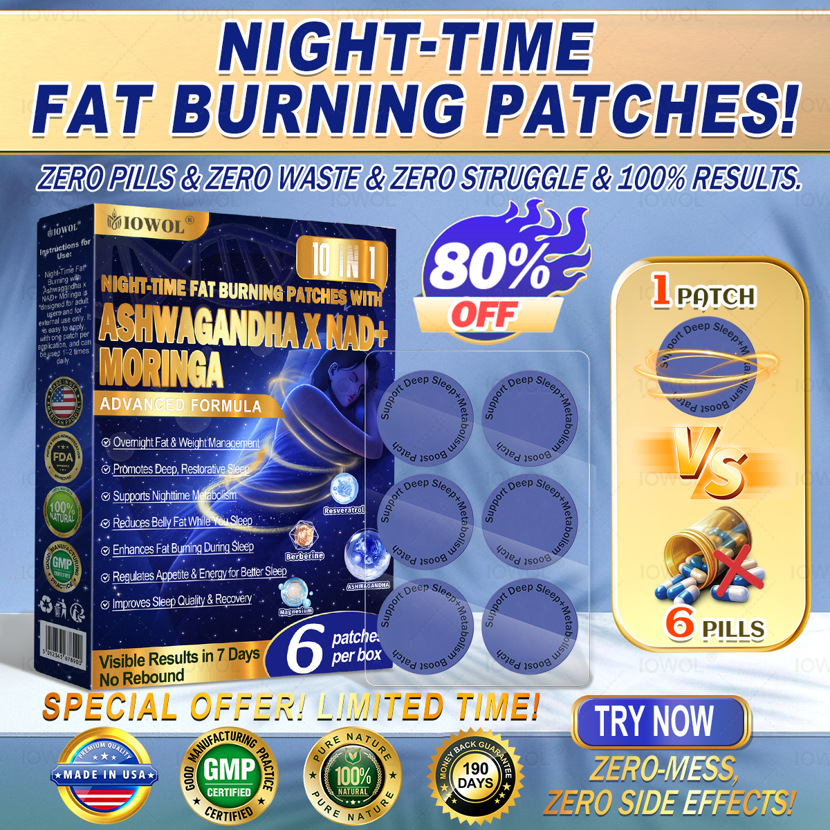 IOWOL ® FETTVERBRENNUNGS-PFLASTER FÜR DIE NACHT! KEINE PILLEN, KEIN AUFWAND, KEINE MÜHE – EINFACH 100% ERGEBNISSE.